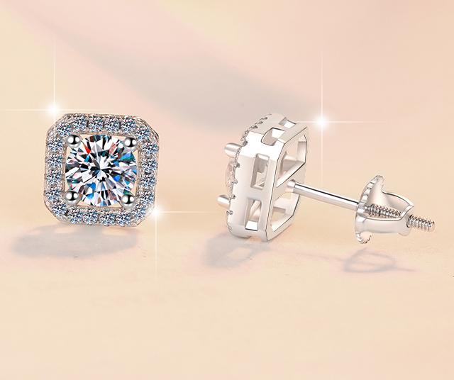 Cushion Halo Stud Moissanite Earrings in 925 Sterling Silver