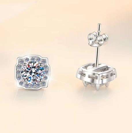 Sterling Silver Moissanite Cushion Halo Screw Stud Earrings, detail view 2
