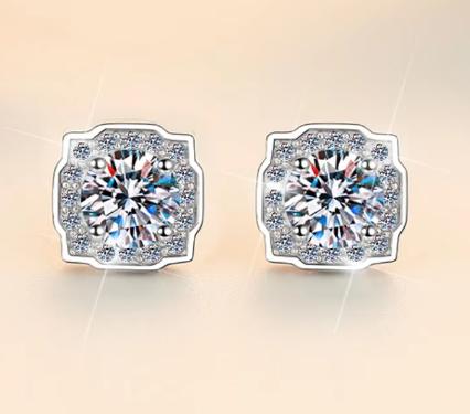Sterling Silver Moissanite Cushion Halo Screw Stud Earrings, detail view 1