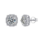 Sterling Silver Moissanite Cushion Halo Screw Stud Earrings, front view