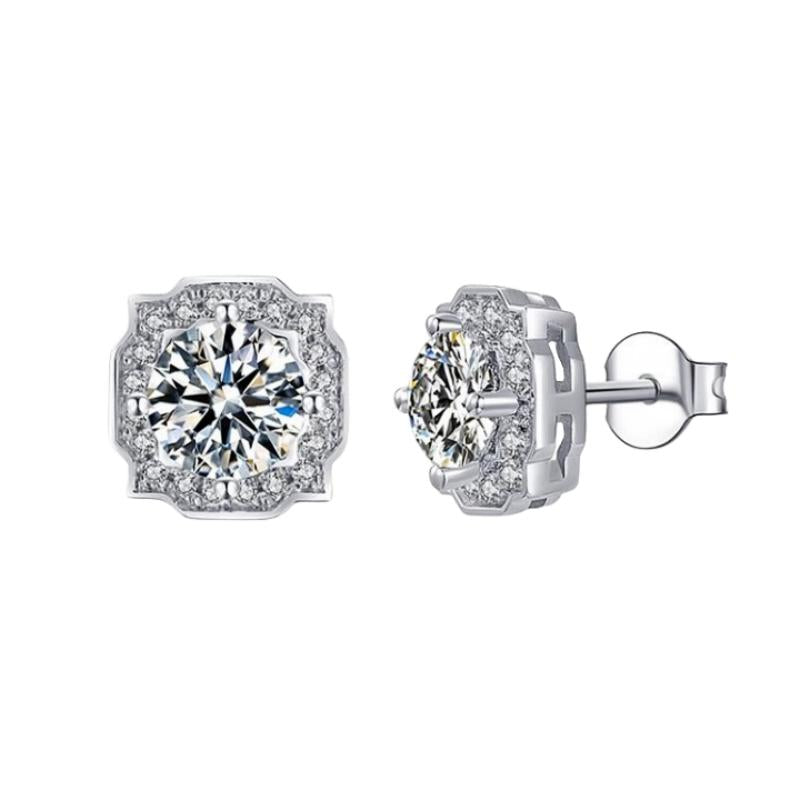 Sterling Silver Moissanite Cushion Halo Screw Stud Earrings, front view