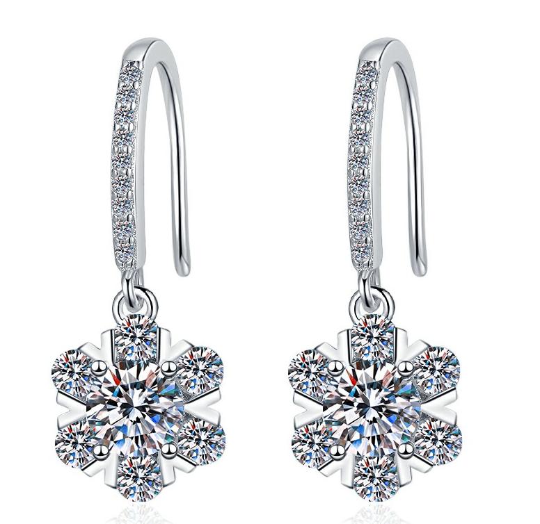 Flower Cluster Long Hoop Drop Moissanite Earrings in Sterling Silver