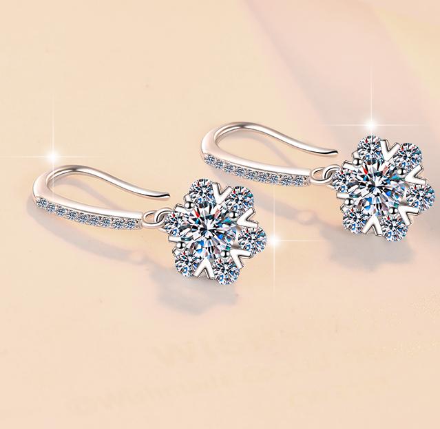Flower Cluster Long Hoop Drop Moissanite Earrings in Sterling Silver