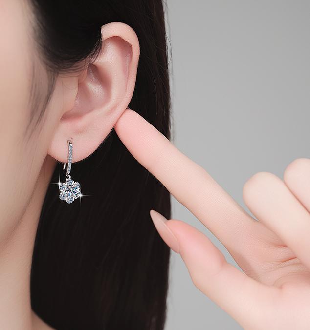 Flower Cluster Long Hoop Drop Moissanite Earrings in Sterling Silver
