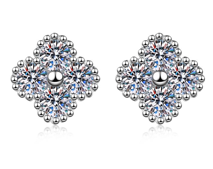Four Stone Flower Stud Moissanite Earrings in Sterling Silver