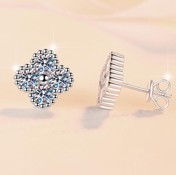 Four Stone Flower Stud Moissanite Earrings in Sterling Silver