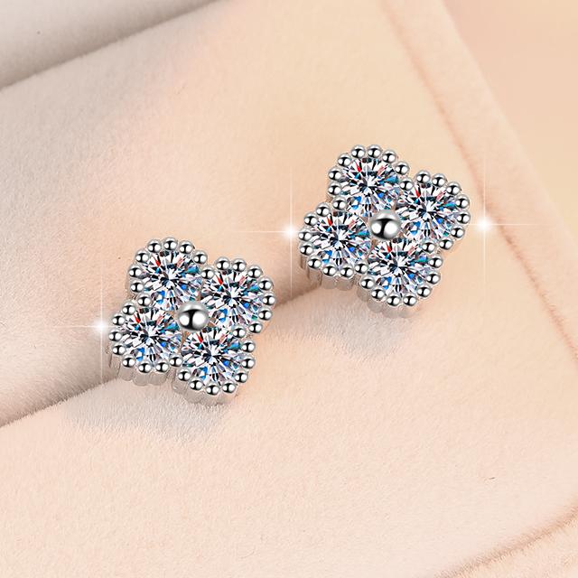 Four Stone Flower Stud Moissanite Earrings in Sterling Silver