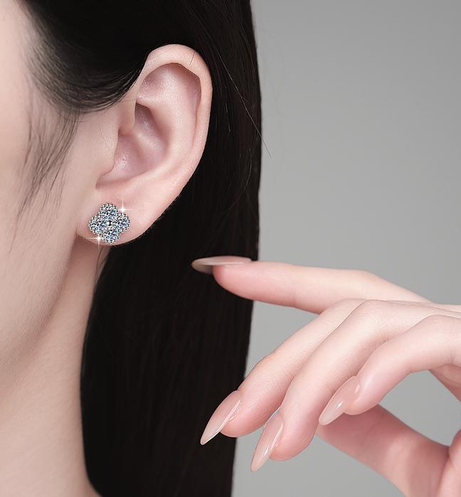 Four Stone Flower Stud Moissanite Earrings in Sterling Silver