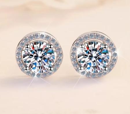 925 Sterling Silver Moissanite Round Halo Stud Earrings