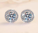 Sterling Silver Moissanite Round Halo Stud Earrings, detail view 1