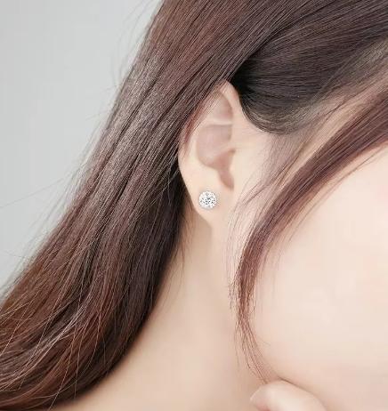 Sterling Silver Moissanite Round Halo Stud Earrings, detail view 3