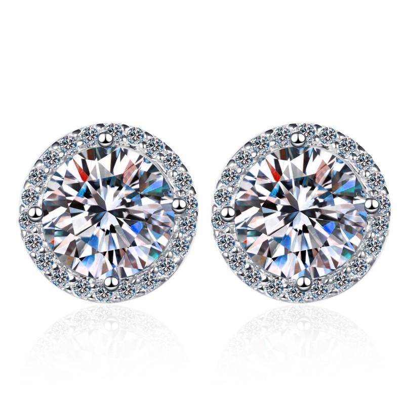Sterling Silver Moissanite Round Halo Stud Earrings, front view