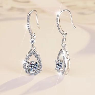 Sterling Silver Moissanite Pear Halo Leverback Drop Earrings, detail view 2