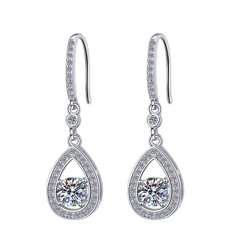Sterling Silver Moissanite Pear Halo Leverback Drop Earrings, front view