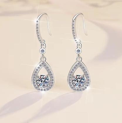 Sterling Silver Moissanite Pear Halo Leverback Drop Earrings, detail view 1