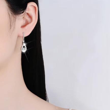 Sterling Silver Moissanite Pear Halo Leverback Drop Earrings, detail view 3