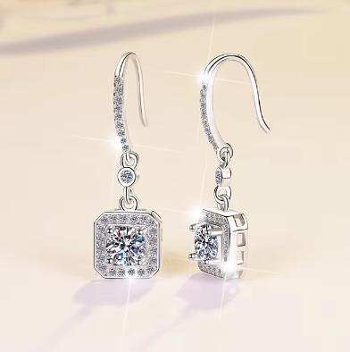 Sterling Silver Moissanite Square Halo Leverback Drop Earrings, detail view 2