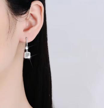Sterling Silver Moissanite Square Halo Leverback Drop Earrings, detail view 3