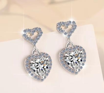 Sterling Silver Moissanite Heart Hoop Drop Earrings, detail view 1