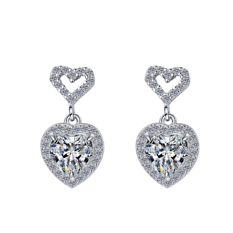 Sterling Silver Moissanite Heart Hoop Drop Earrings, front view