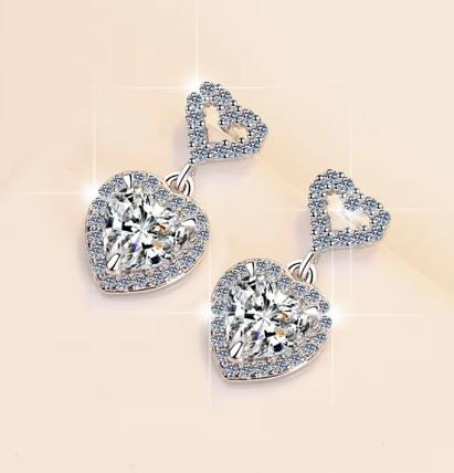 Sterling Silver Moissanite Heart Hoop Drop Earrings, detail view 2