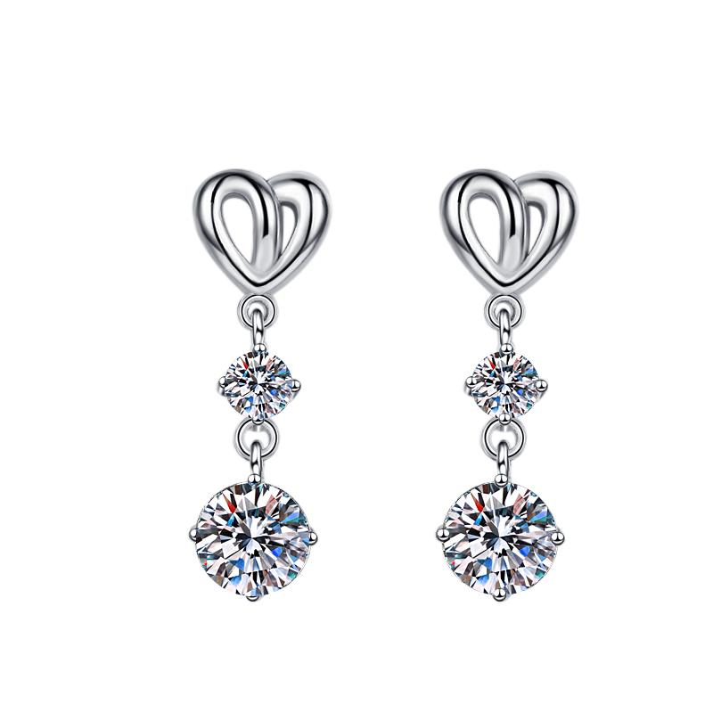 Sterling Silver Moissanite Heart Link Solitaire Drop Earrings, front view