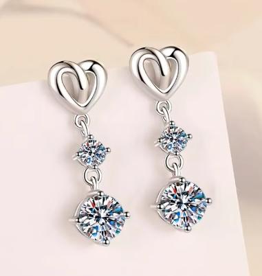 Sterling Silver Moissanite Heart Link Solitaire Drop Earrings, detail view 1