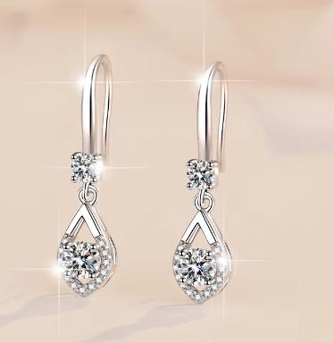 Sterling Silver Moissanite Pear Solitaire Hook Drop Earrings, detail view 1