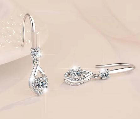 Sterling Silver Moissanite Pear Solitaire Hook Drop Earrings, detail view 2