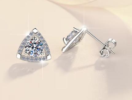 Sterling Silver Moissanite Trillion Halo Stud Earrings, detail view 2