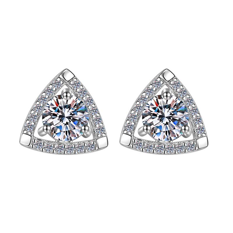 Sterling Silver Moissanite Trillion Halo Stud Earrings, front view