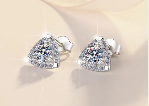 Sterling Silver Moissanite Trillion Halo Stud Earrings, detail view 1