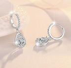 Sterling Silver Moissanite Pear Halo Hoop Drop Earrings, detail view 2