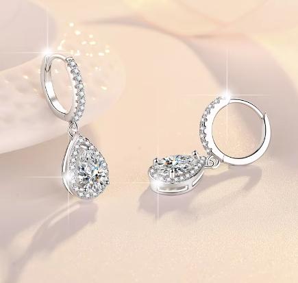 Sterling Silver Moissanite Pear Halo Hoop Drop Earrings, detail view 2
