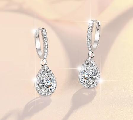 925 Sterling Silver Moissanite Pear Halo Hoop Drop Earrings