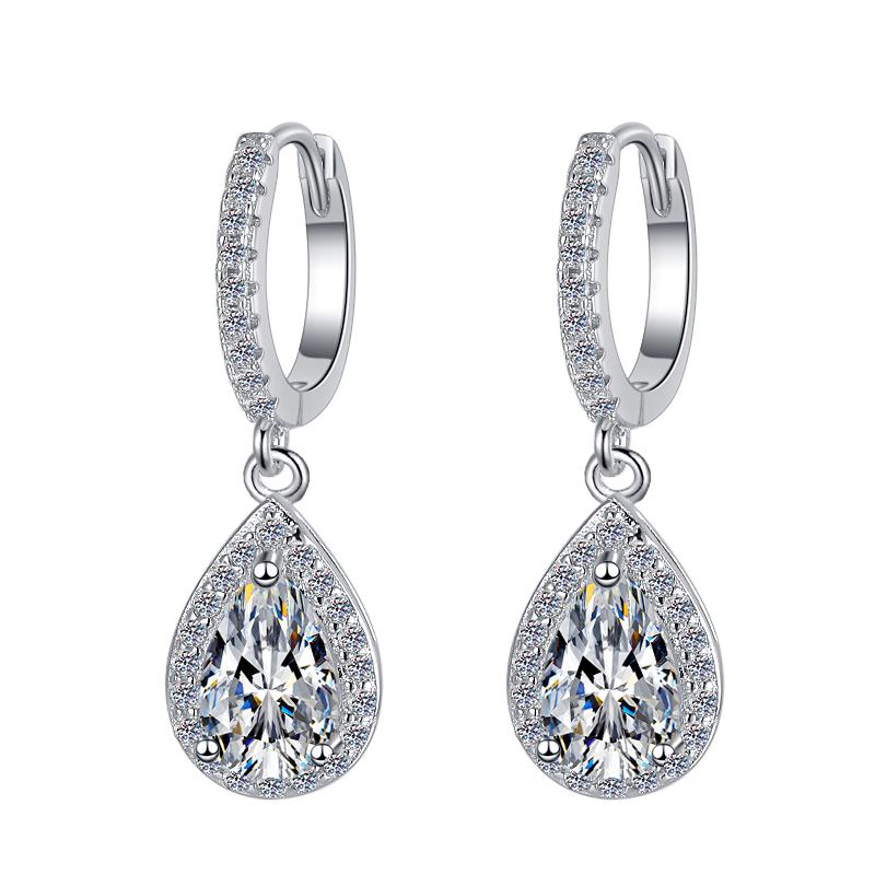 Sterling Silver Moissanite Pear Halo Hoop Drop Earrings, front view