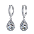 Sterling Silver Moissanite Pear Halo Hoop Drop Earrings, front view