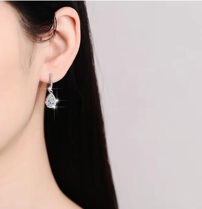 Sterling Silver Moissanite Pear Halo Hoop Drop Earrings, detail view 3