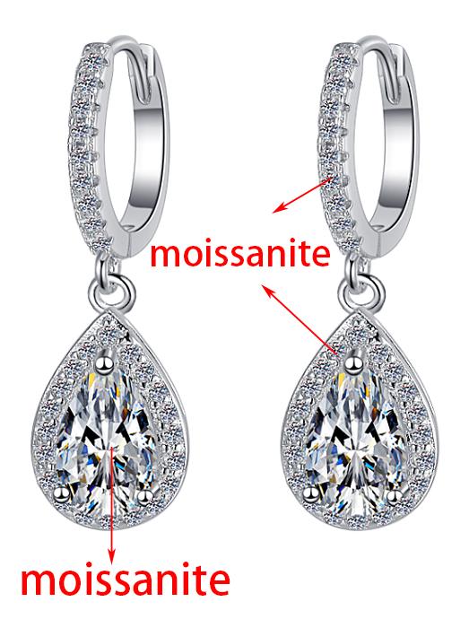 Sterling Silver Moissanite Pear Halo Hoop Drop Earrings, detail view 5