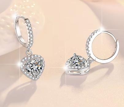 Sterling Silver Moissanite Heart Solitaire Hoop Drop Earrings, detail view 2