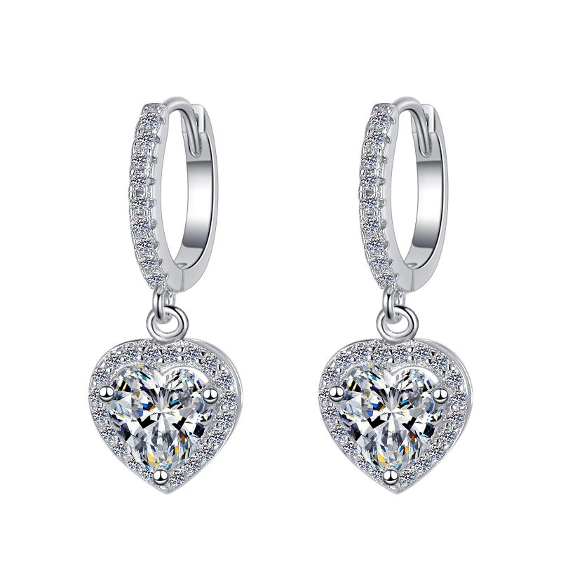Sterling Silver Moissanite Heart Solitaire Hoop Drop Earrings, front view