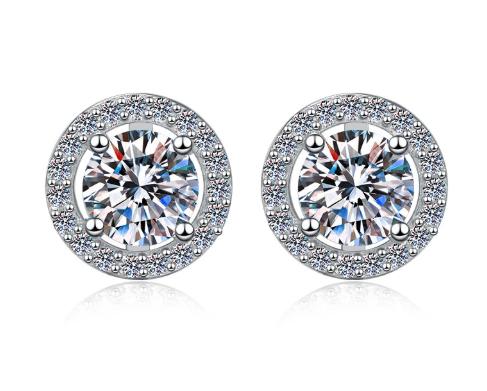 Sterling Silver Moissanite Round Halo Screw Stud Earrings, front view