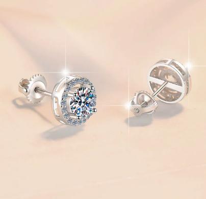 Sterling Silver Moissanite Round Halo Screw Stud Earrings, detail view 2