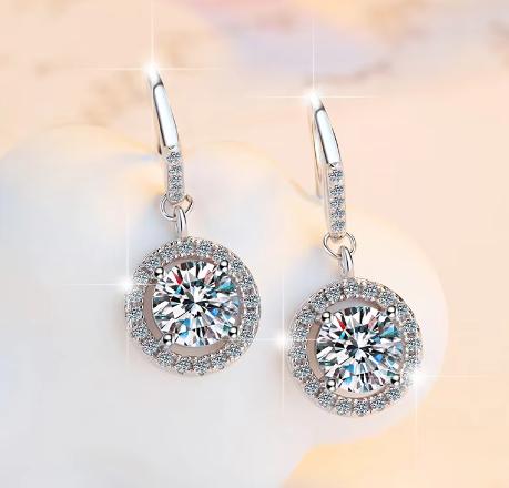Sterling Silver Moissanite Round Bezel Leverback Drop Earrings, detail view 2