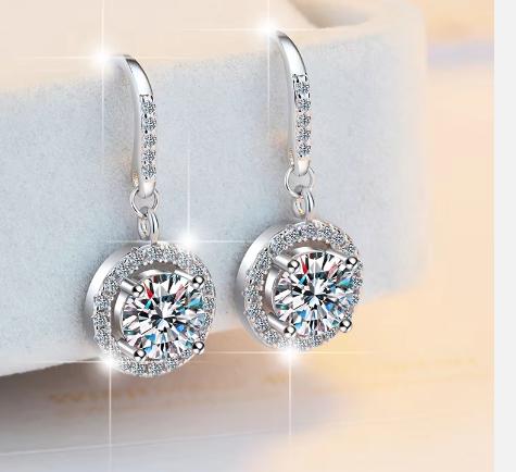 Sterling Silver Moissanite Round Bezel Leverback Drop Earrings, detail view 1
