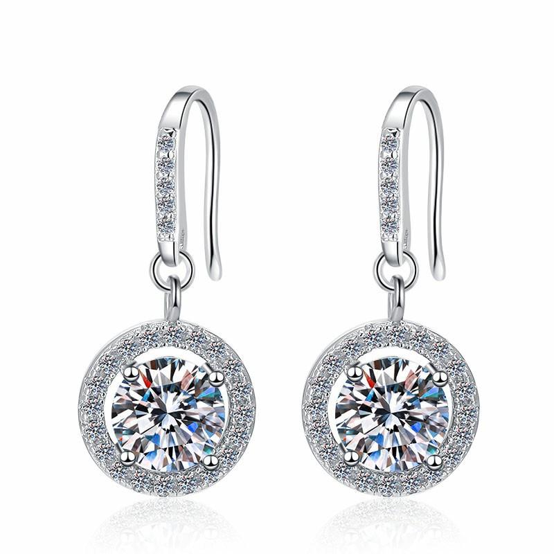 Sterling Silver Moissanite Round Bezel Leverback Drop Earrings, front view