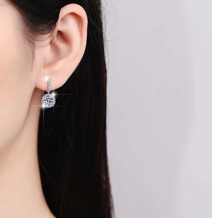 Sterling Silver Moissanite Round Halo Hook Drop Earrings, detail view 3