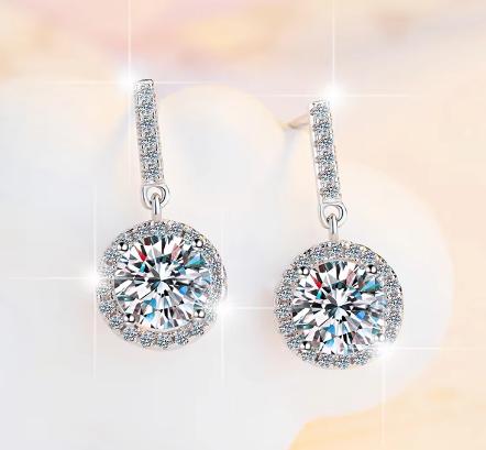 Sterling Silver Moissanite Round Halo Hook Drop Earrings, detail view 2