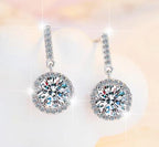 Sterling Silver Moissanite Round Halo Hook Drop Earrings, detail view 2