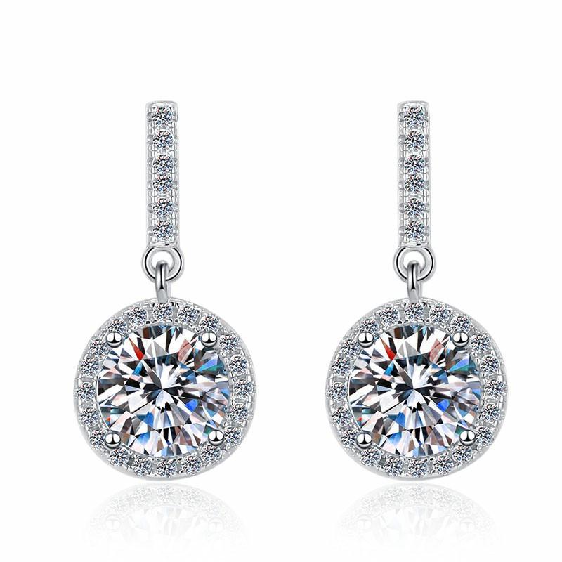 Sterling Silver Moissanite Round Halo Hook Drop Earrings, front view